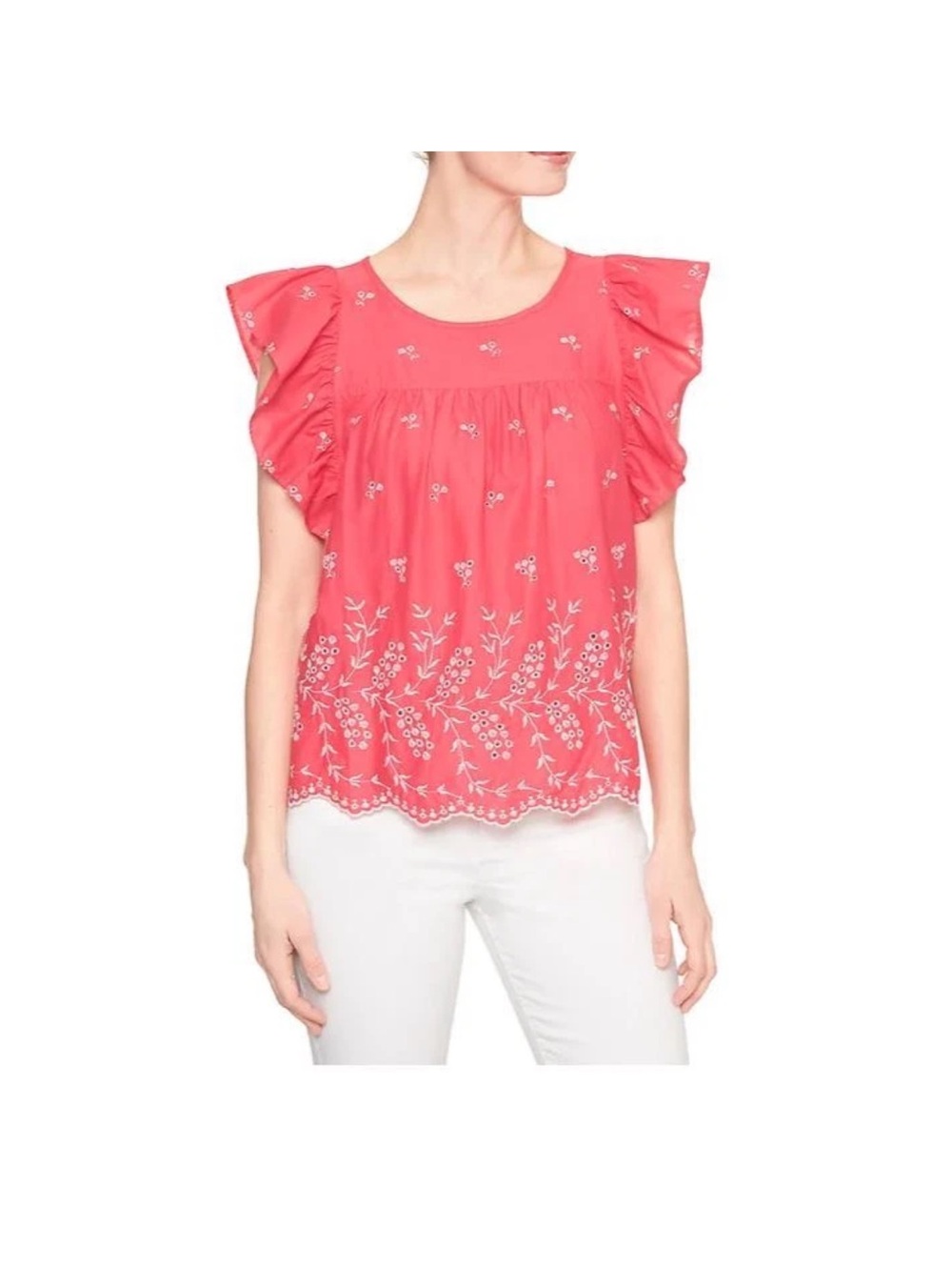 Boho Cottagecore Coral Embroidered Flutter Sleeve Top Size Small